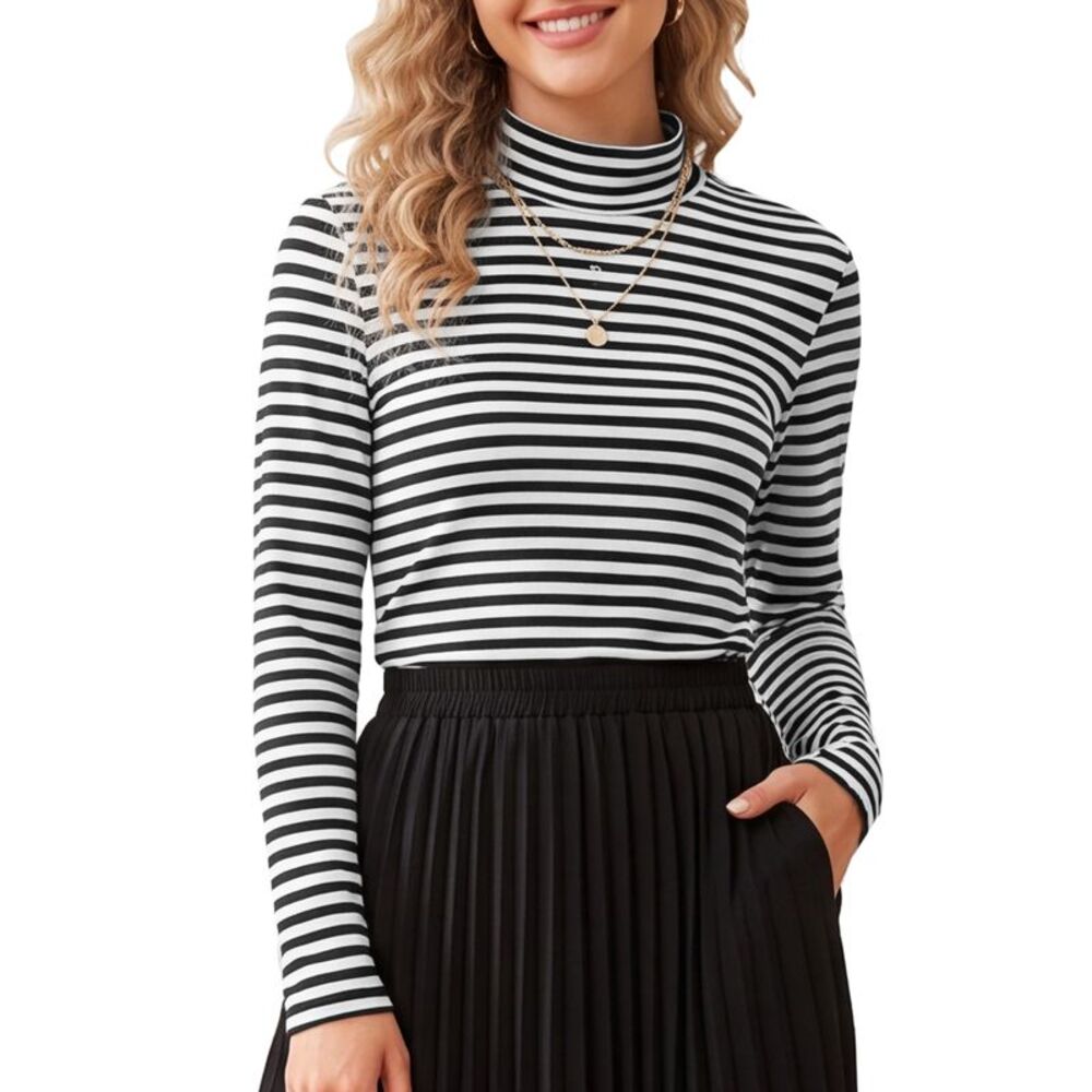 Women's Striped Long Sleeve Shirt Mock Neck Fitted Fall Tops Black White
